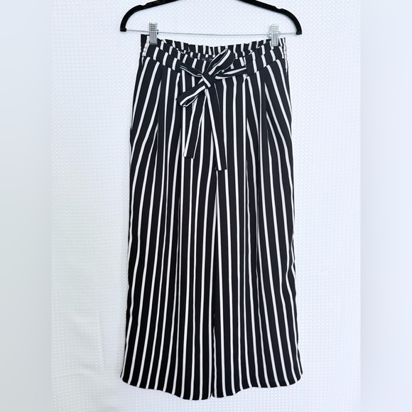 Zara Black White Stripe Wide Leg Culotte Pants Paperbag Waist Tie Belt M - Picture 5 of 9